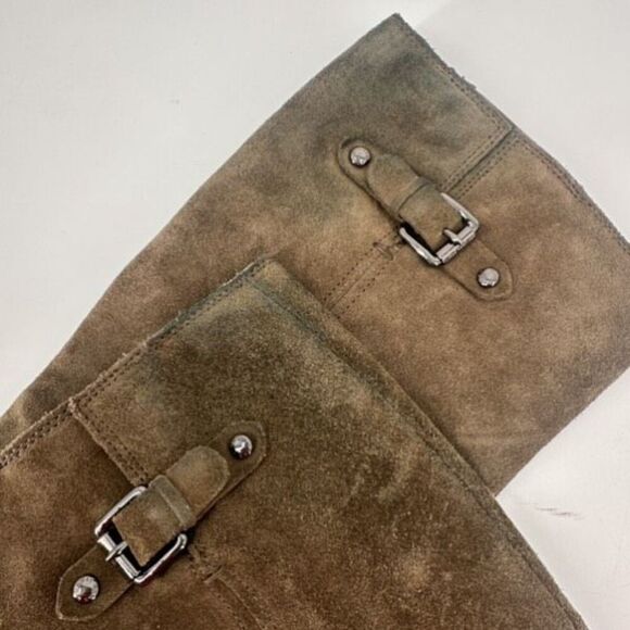 Michael Kors Olive Green Suede Heeled Tall Leather Buckle Boots Size 8 Riding - Picture 4 of 16